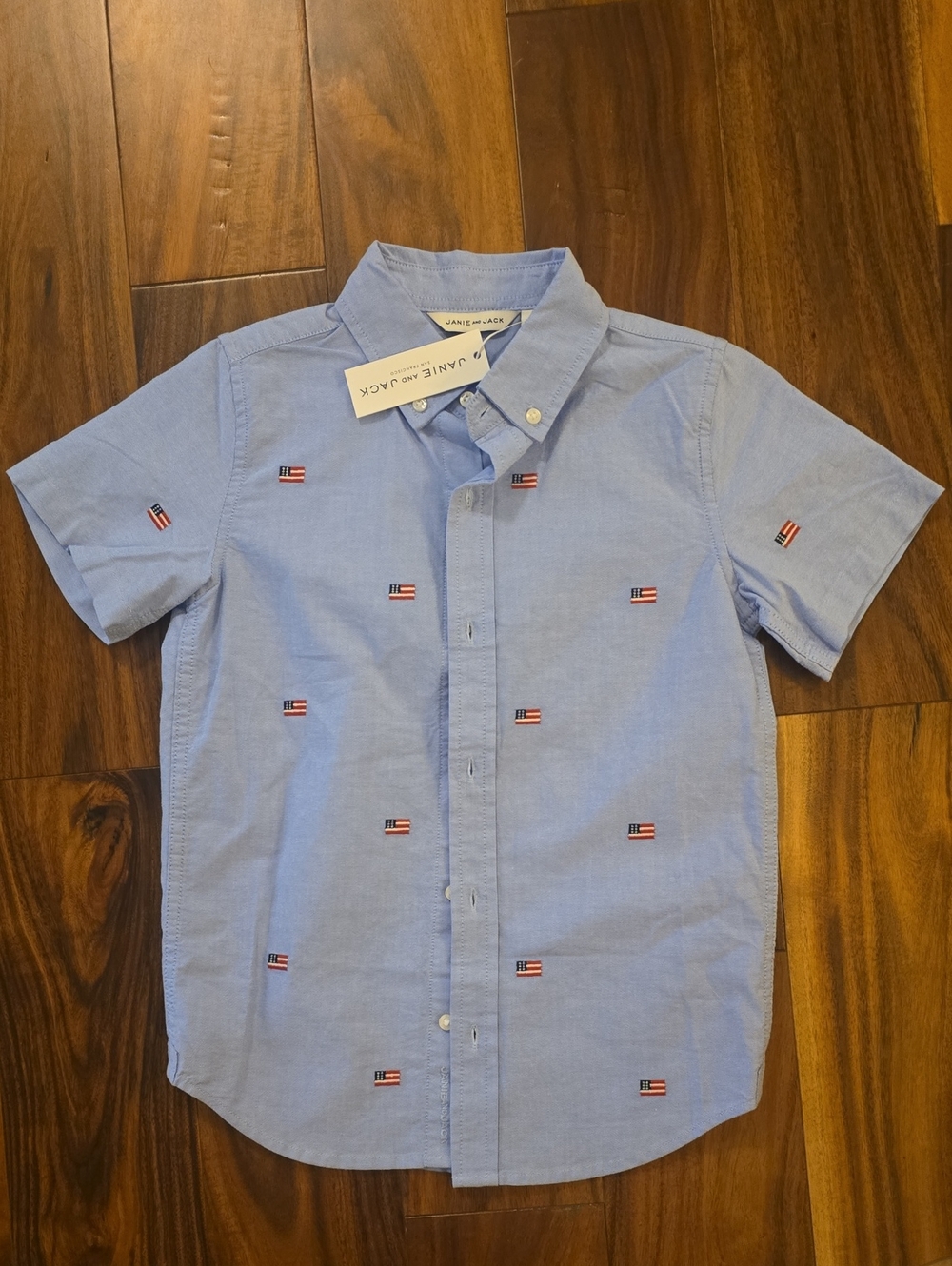 Janie and Jack Light Blue Short-Sleeve Embroidered Flag Button-Down Shirt